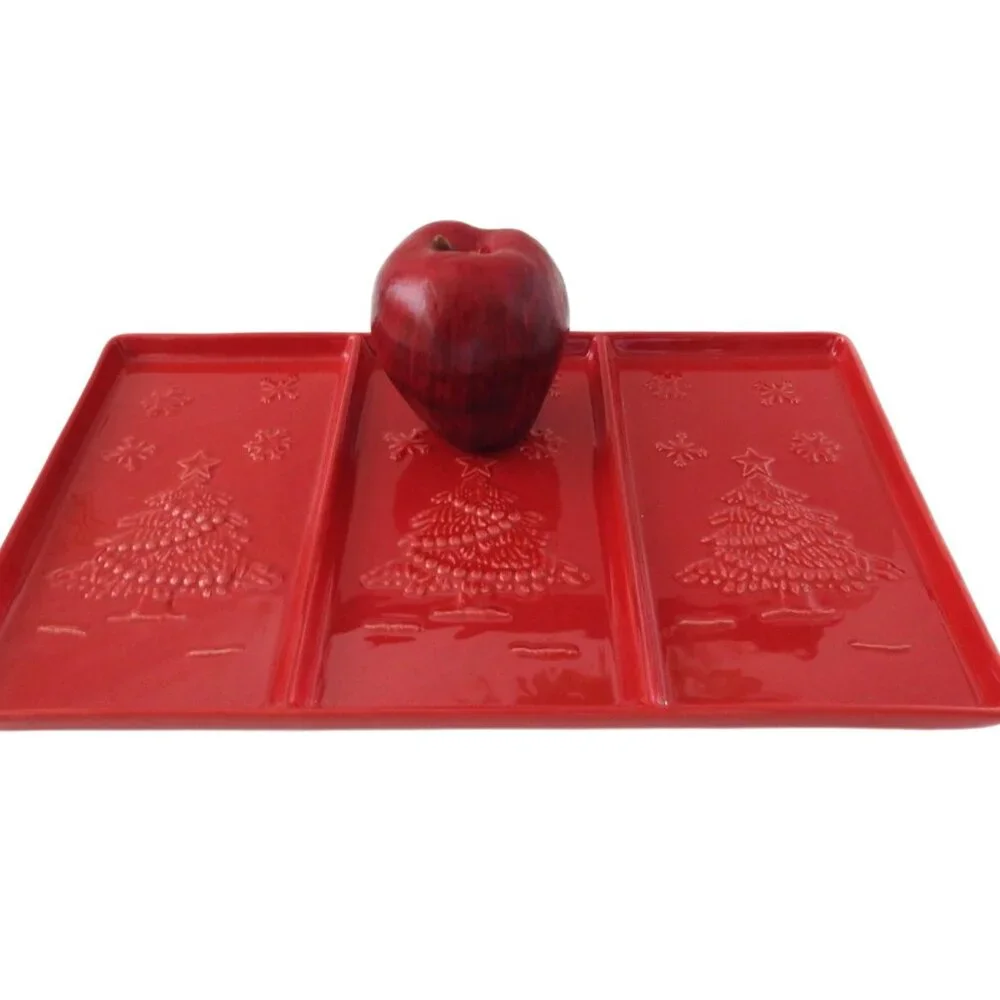Sur La Table Red Ceramic 3 Section Divided Tray Lidded Bowl Christmas Tree